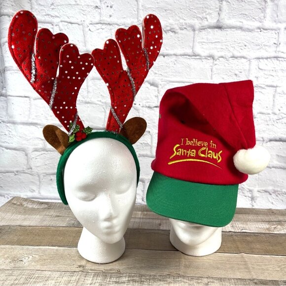 VTG 90s I Believe In Santa Claus Baseball Cap Red Reindeer Antler Headband Set - Picture 1 of 16